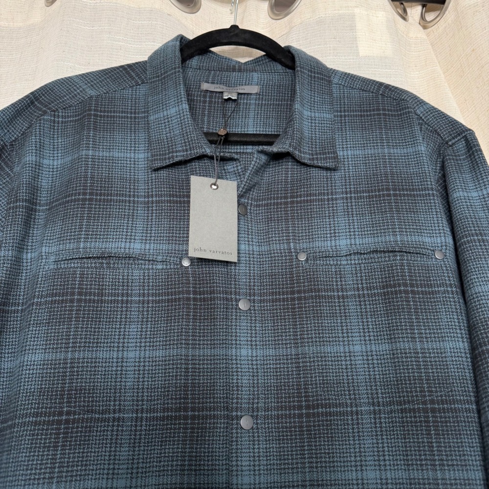 NWT John Varvatos Dario Shirt Plaid Snap Button Cotton Titanium Blue Men's XL - Picture 3 of 6